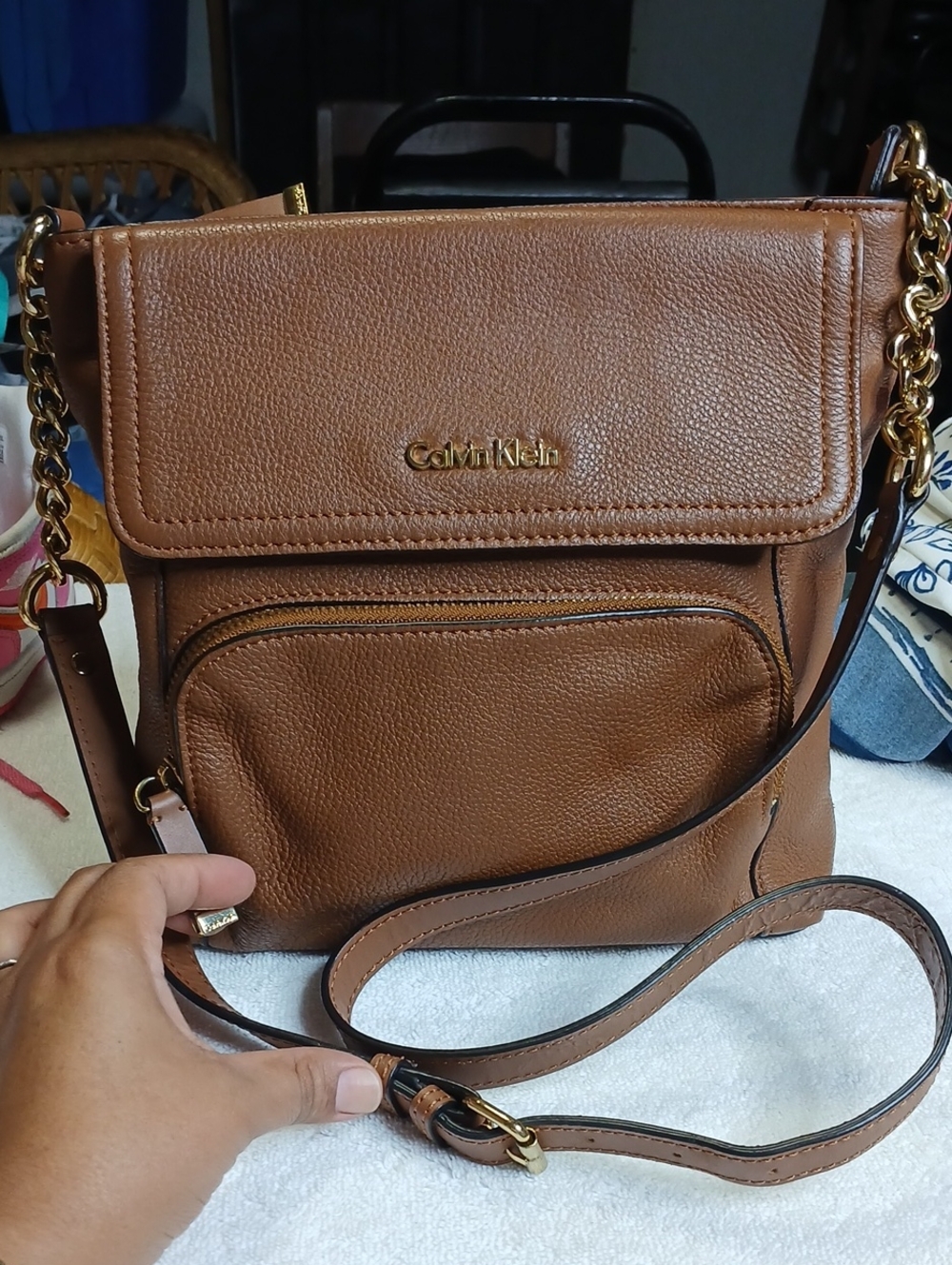 Calvin Klein Tan Leather Crossbody Bag with Gold-Tone Chain